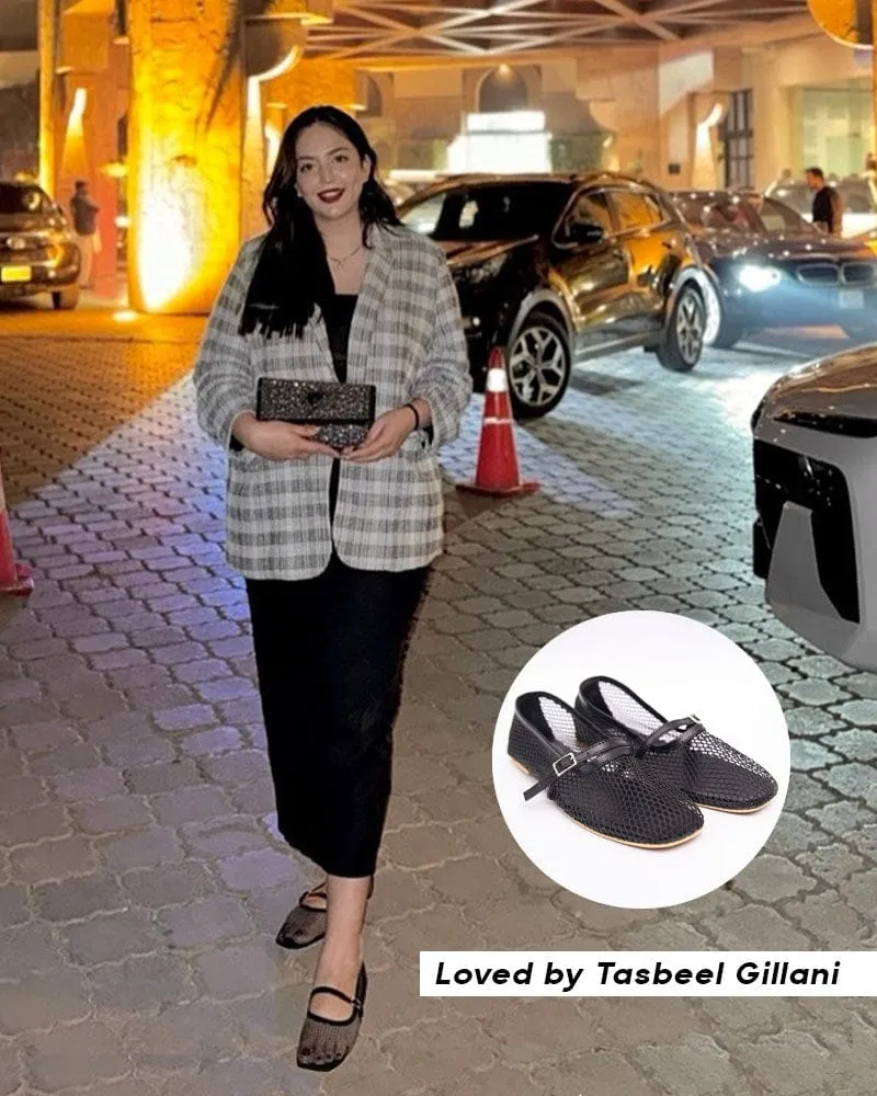 ZARA FISHNET BALLET FLAT PUMPS - BLACK