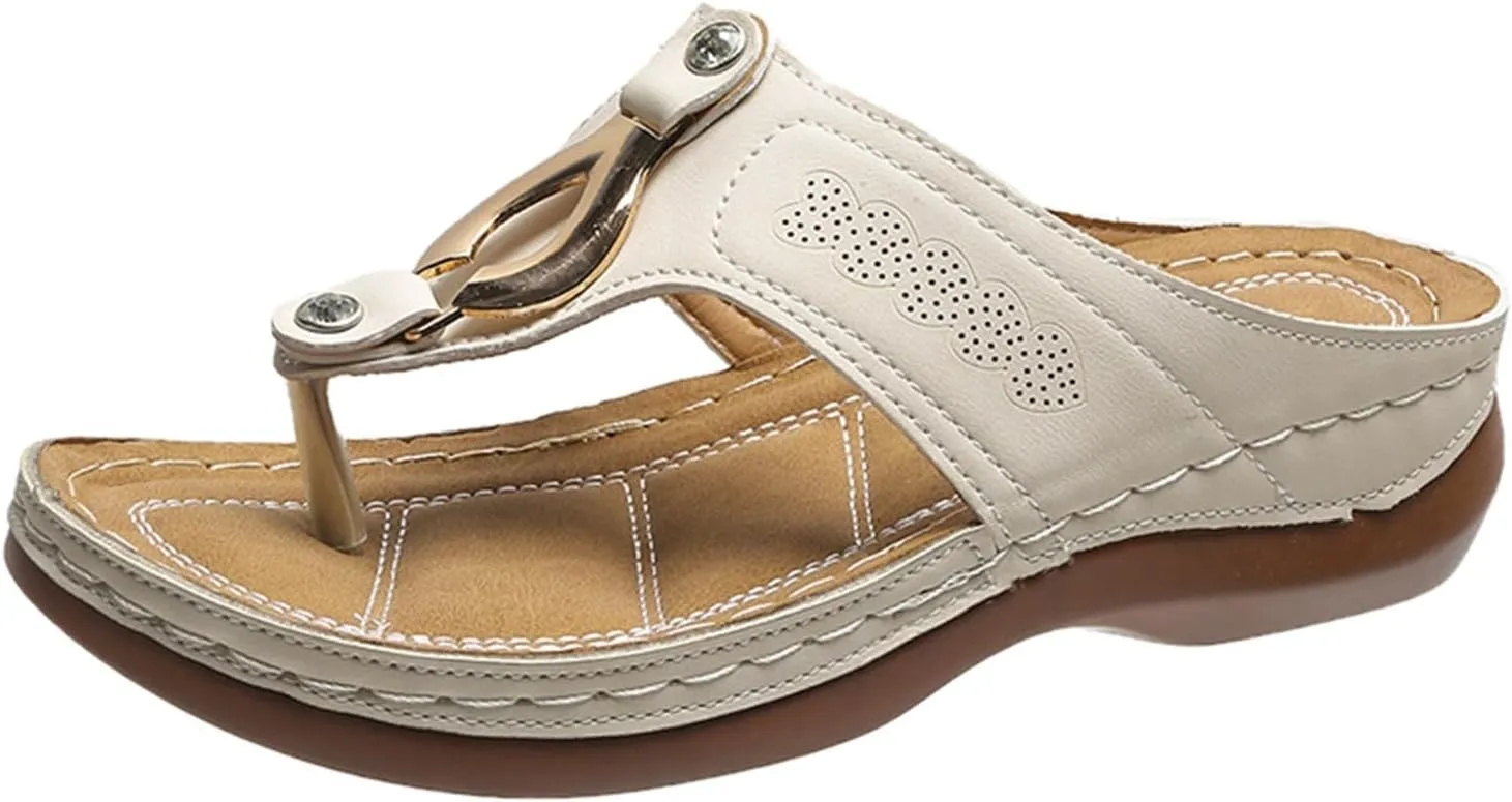 ZSpzx Women's Leather Orthopedic Arch Support Walking Sandals, Summer Adjustable slip on Platforms Orthotic Wedge Sandals, Casual Comfortable Pinch Toe Beach Flipflops Slippers